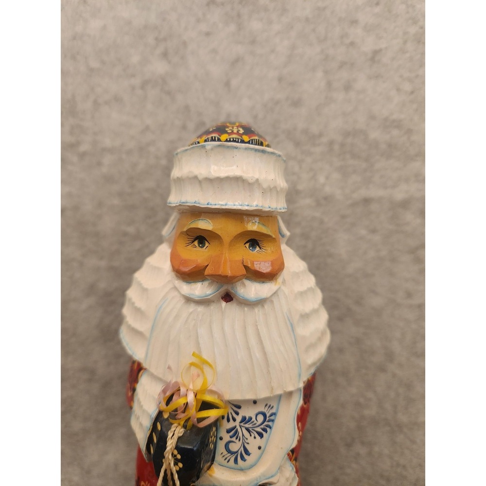 Russian Hand Carved Wood Santa Figurine Gzhel Khokhloma Sergiev Posad Christmas - Picture 2 of 16
